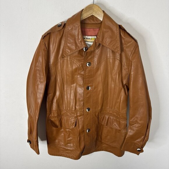 Vintage Sears Leather Jacket 40 Brown 70s Button Front Western Style Disco Coat‎